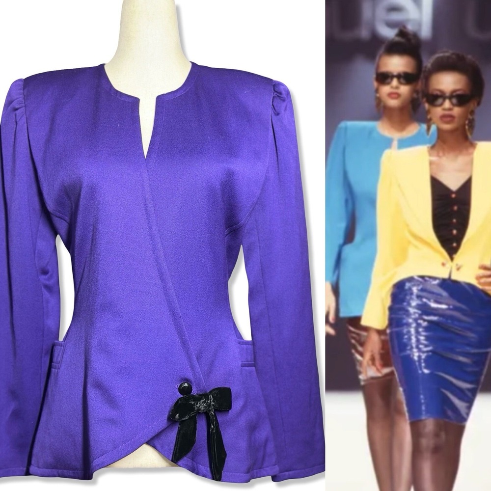 NWT Vtg 80's Emanuel Ungaro Ter Wool Jacket Womens Sz 4 Purple Black Velvet Bow